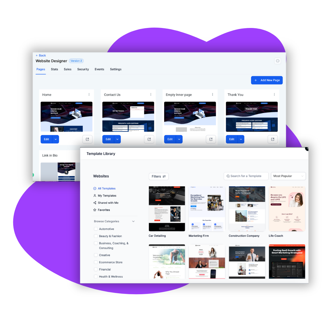 Website Builder interface showing two overlapping screenshots